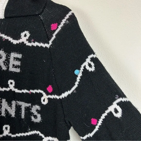 Christmas Sweater Hoodie Knit Sherpa Silver Lettering Pom Poms - Picture 6 of 14
